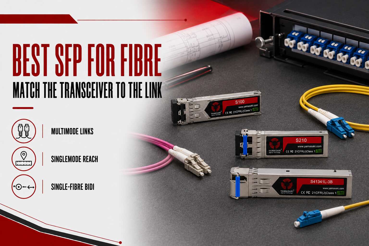 Best SFP for Fibre comparison showing Yamasaki S100 multimode, S210 singlemode and S41341L-3B BiDi transceivers.