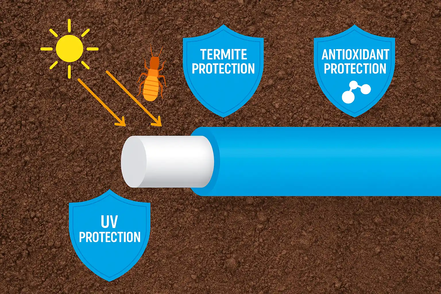 Blue PA12 Nylon Fibre Optic Cable in Australian landscape showing Termite, UV, and Antioxidant Triple Protection Technology.