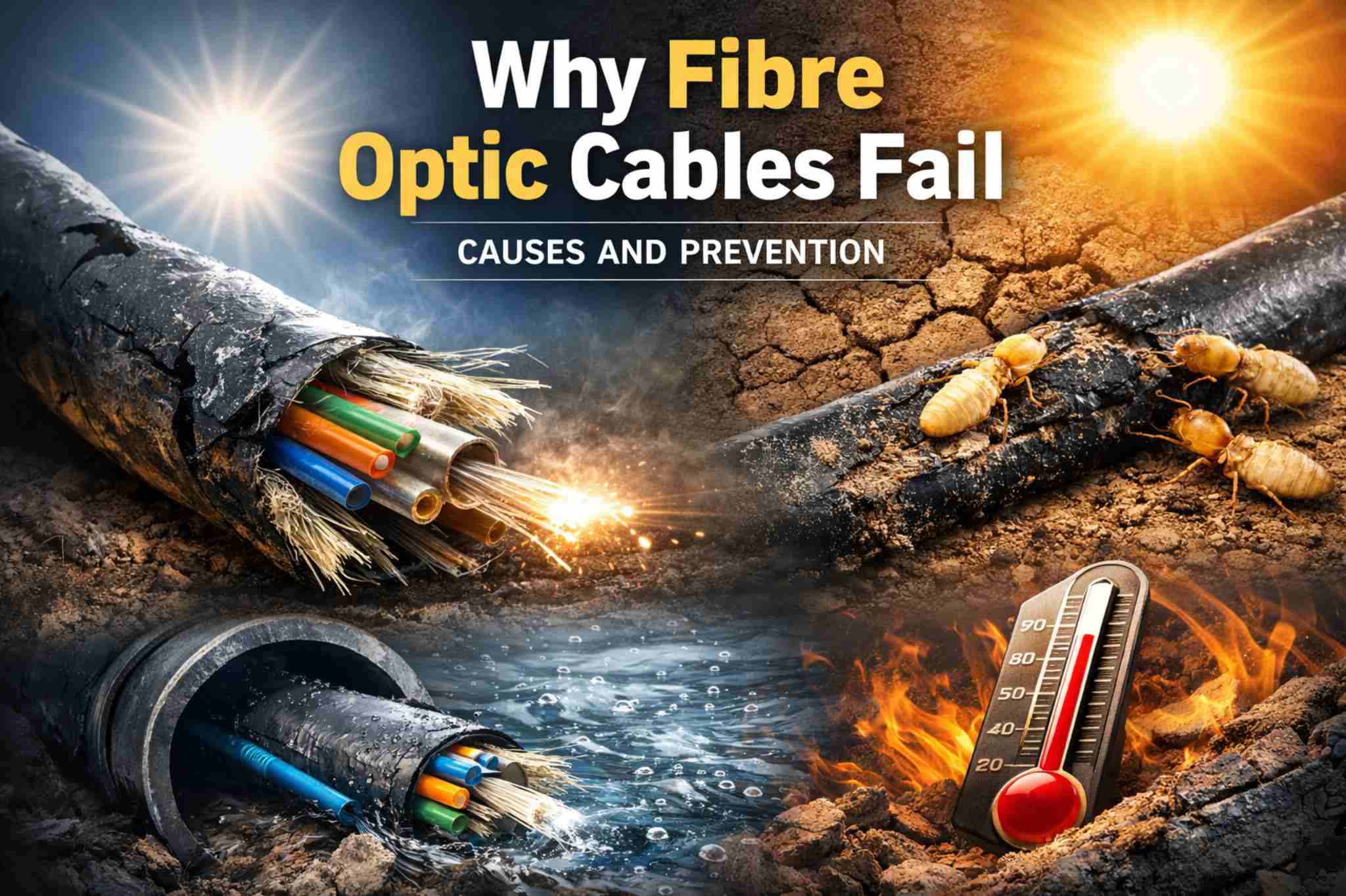 Why fibre optic cables fail due to UV exposure, moisture ingress, thermal ageing and termite damage in outdoor environments