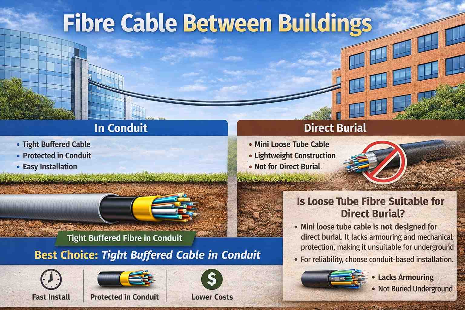 Fibre cable between buildings showing conduit installation with tight buffered cable and comparison to direct burial loose tube cable