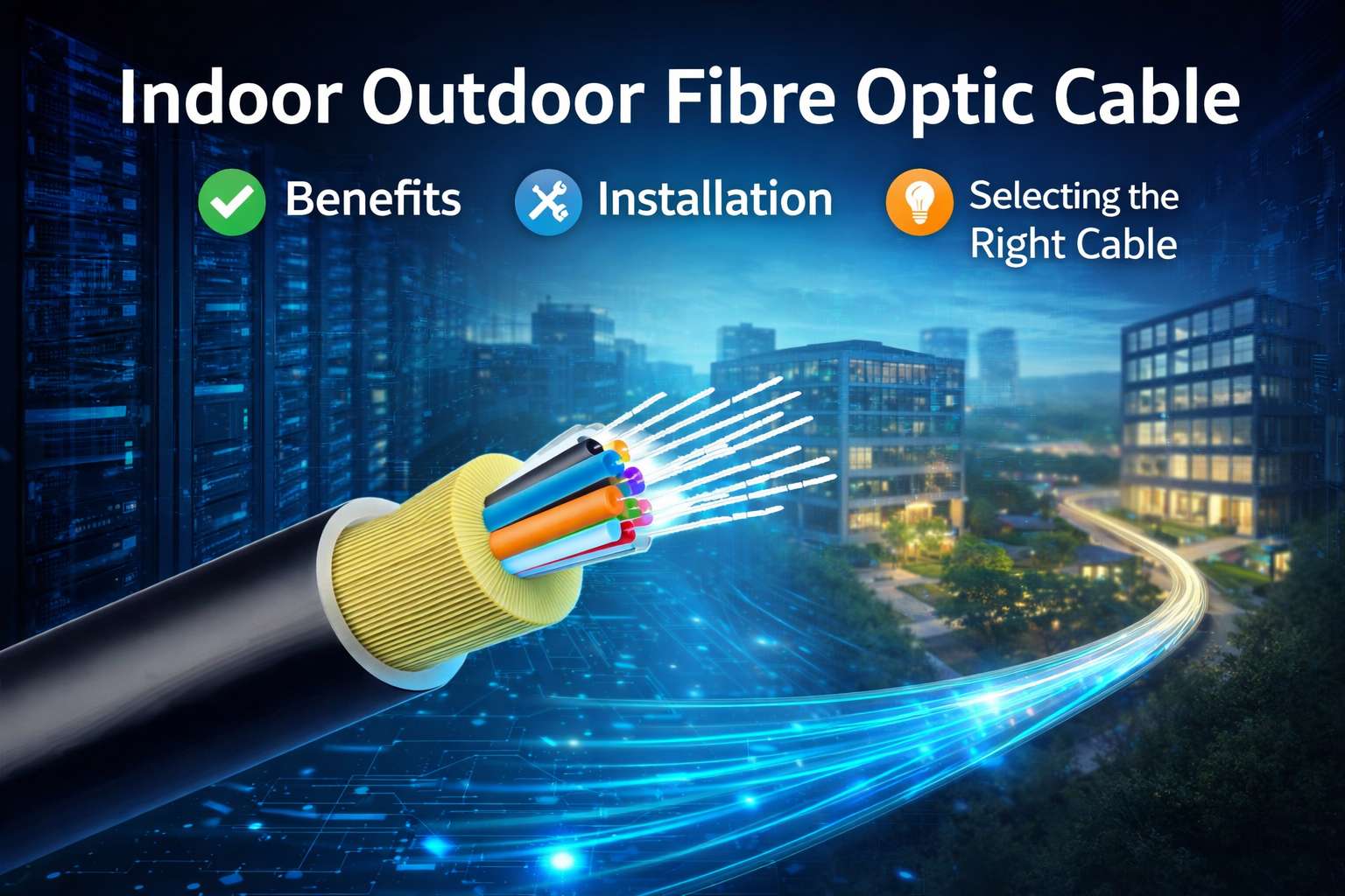 Indoor outdoor fibre optic cable with tight buffered fibres and LSZH jacket for building and conduit installations