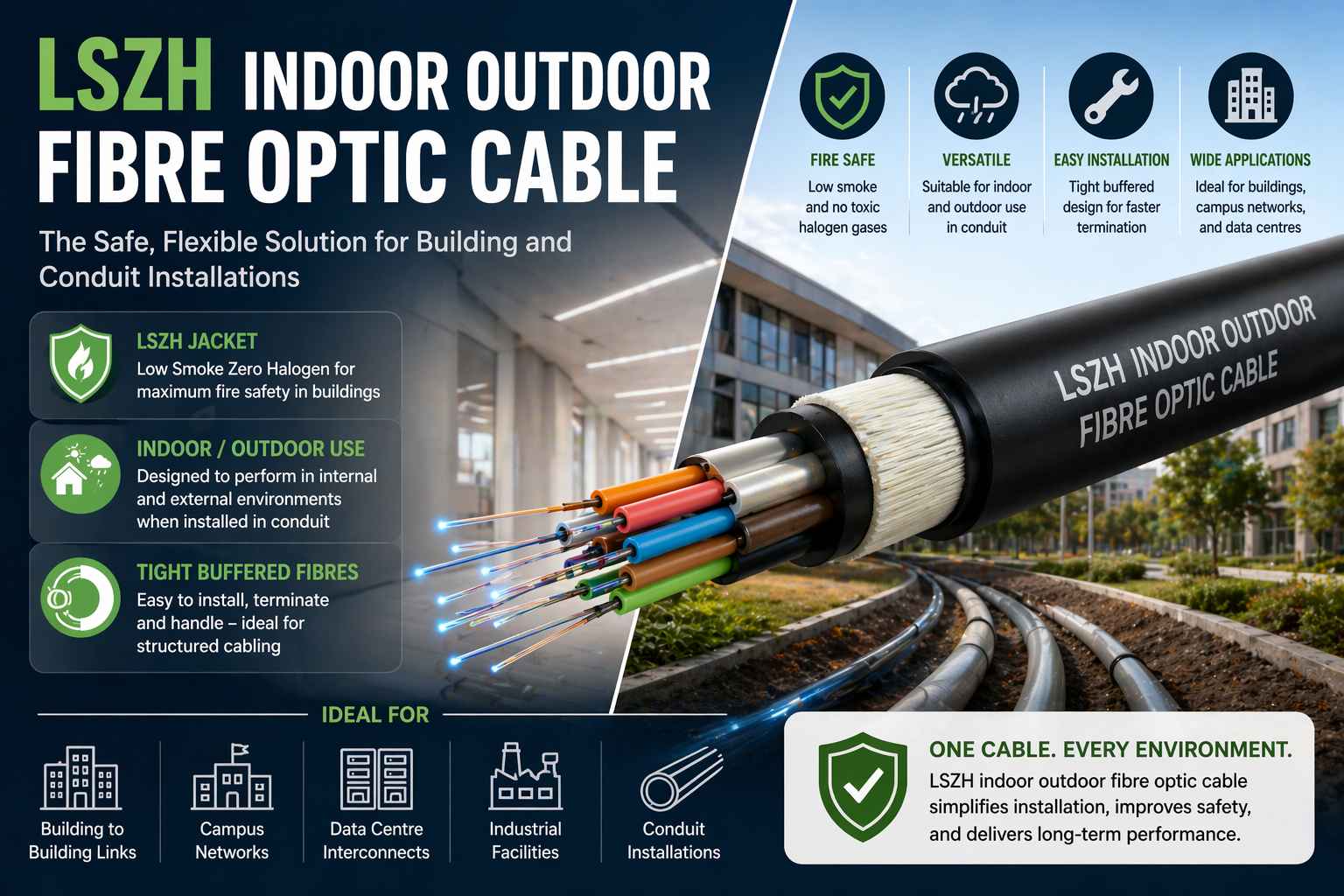 LSZH indoor outdoor fibre optic cable showing tight buffered fibres and conduit installation for building networks
