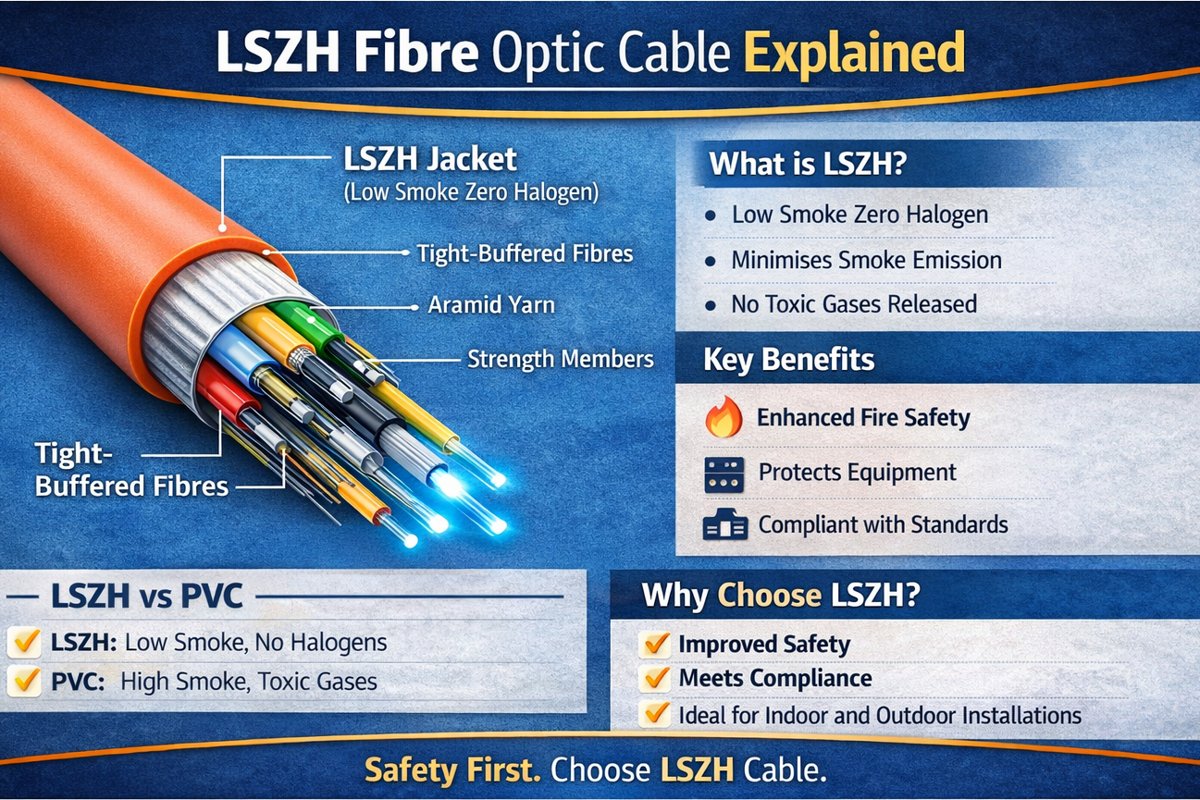 LSZH fibre optic cable cross section showing low smoke zero halogen jacket and internal fibre structure