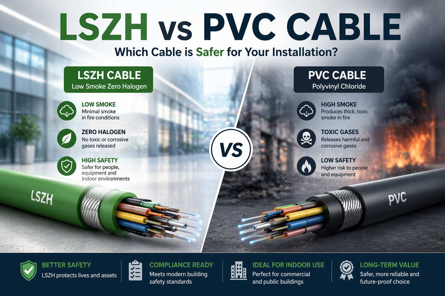 LSZH vs PVC cable comparison showing low smoke zero halogen cable versus PVC cable fire safety and performance differences