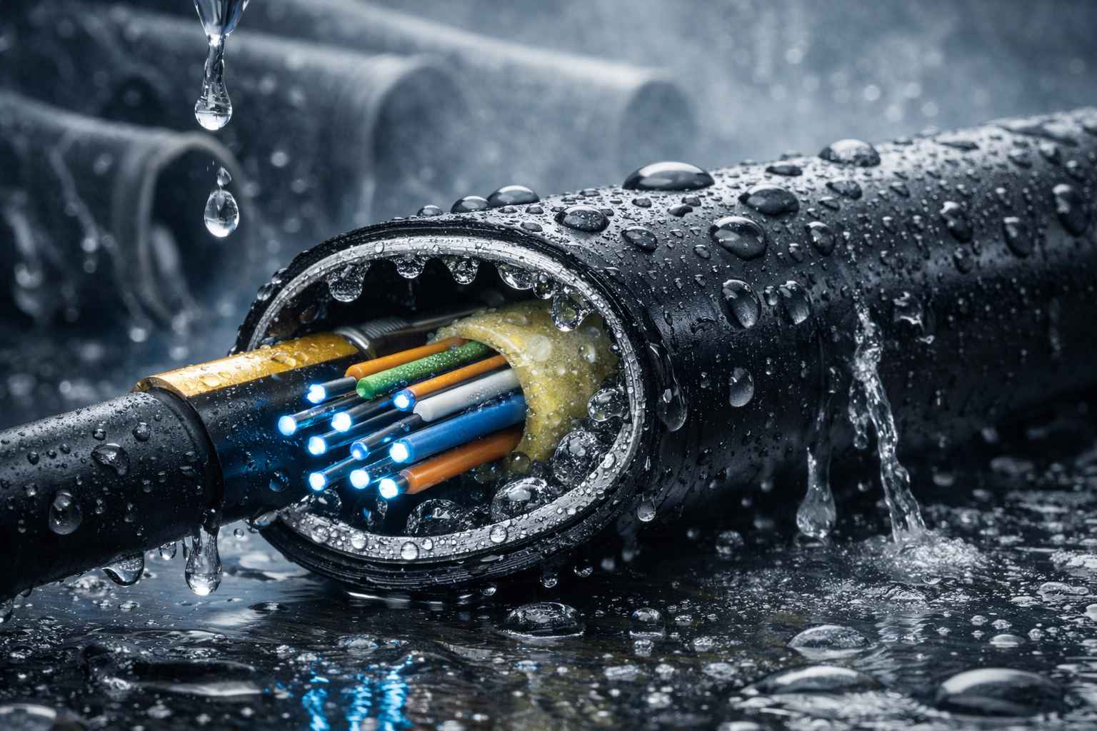 Moisture in fibre optic cable causing water ingress and degradation of the cable jacket in underground conduit environment