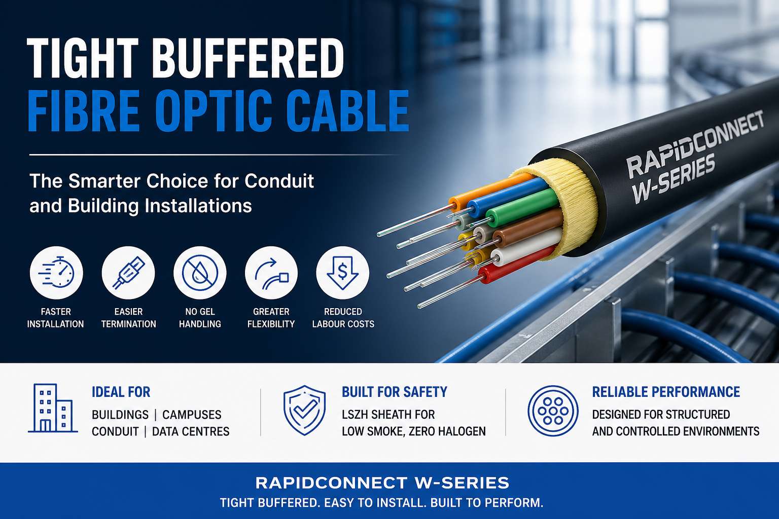 tight buffered fibre optic cable showing individual buffered fibres and conduit installation for building networks