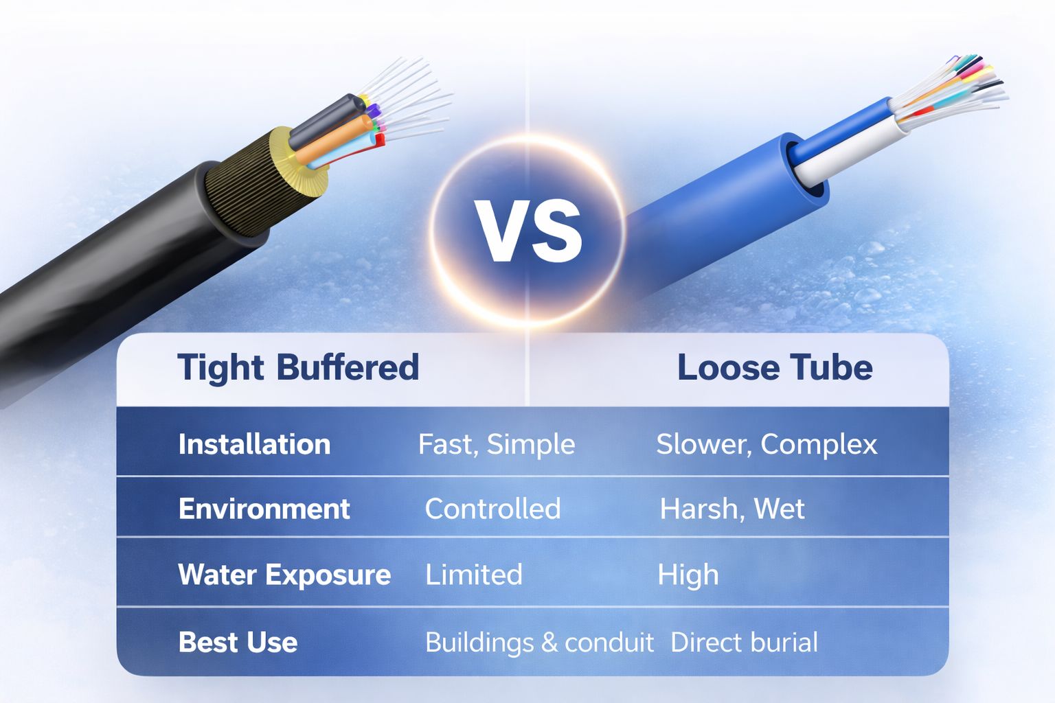 Tight buffered vs loose tube fibre optic cable comparison showing structure and installation differences
