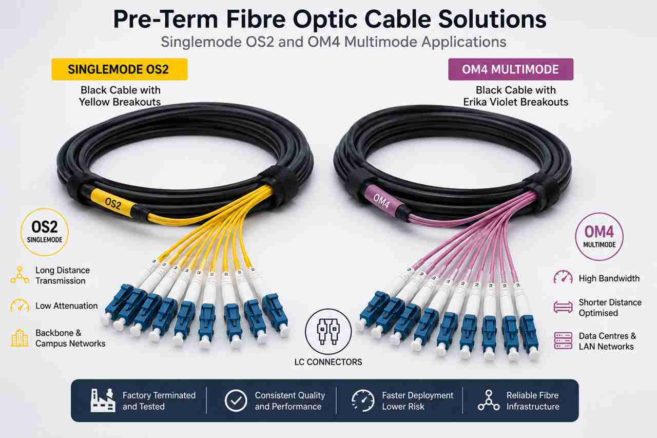 Comparison of OS2 singlemode and OM4 multimode pre-terminated fibre optic cables with black cable jackets, yellow and Erika Violet breakout legs, and LC connectors.