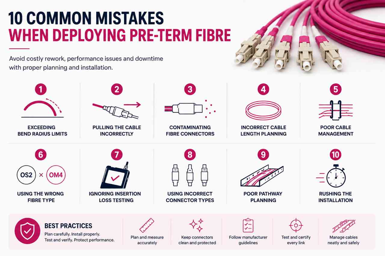 Common mistakes when deploying pre-term fibre shown with OM4 Erika Violet pre-terminated fibre optic cable and fibre installation best practices