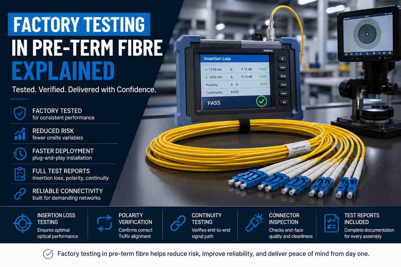 Factory testing in pre-term fibre showing yellow OS2 pre-terminated fibre optic cable undergoing insertion loss and polarity verification testing