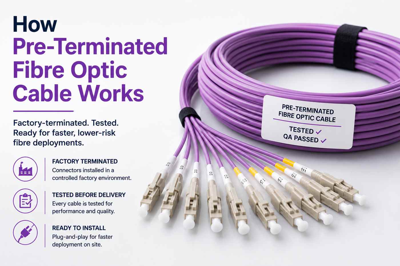 How pre-terminated fibre optic cable works with factory-terminated connectors, testing, and faster fibre deployment