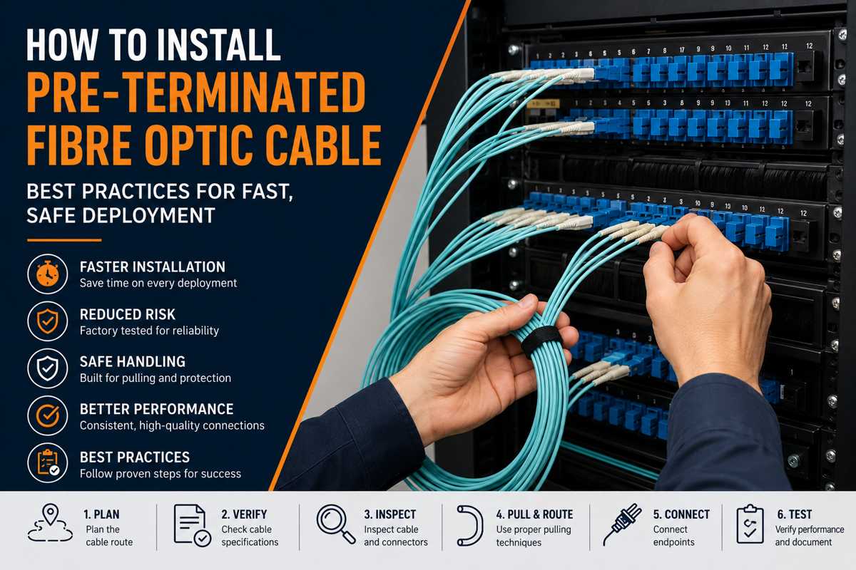 How to install pre-terminated fibre optic cable infographic showing best practices for fast, safe, and reliable fibre deployment
