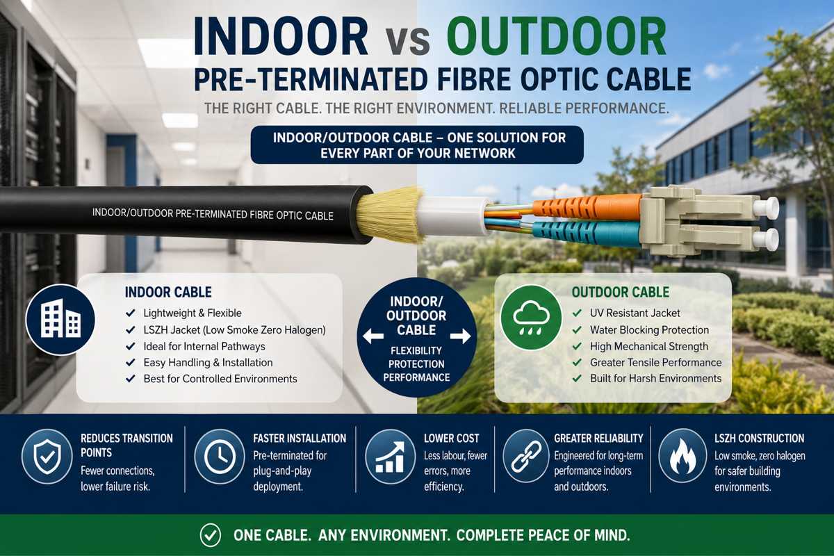 Indoor vs outdoor pre-terminated fibre optic cable infographic comparing LSZH indoor cable, outdoor cable protection, and Indoor/Outdoor fibre installation benefits