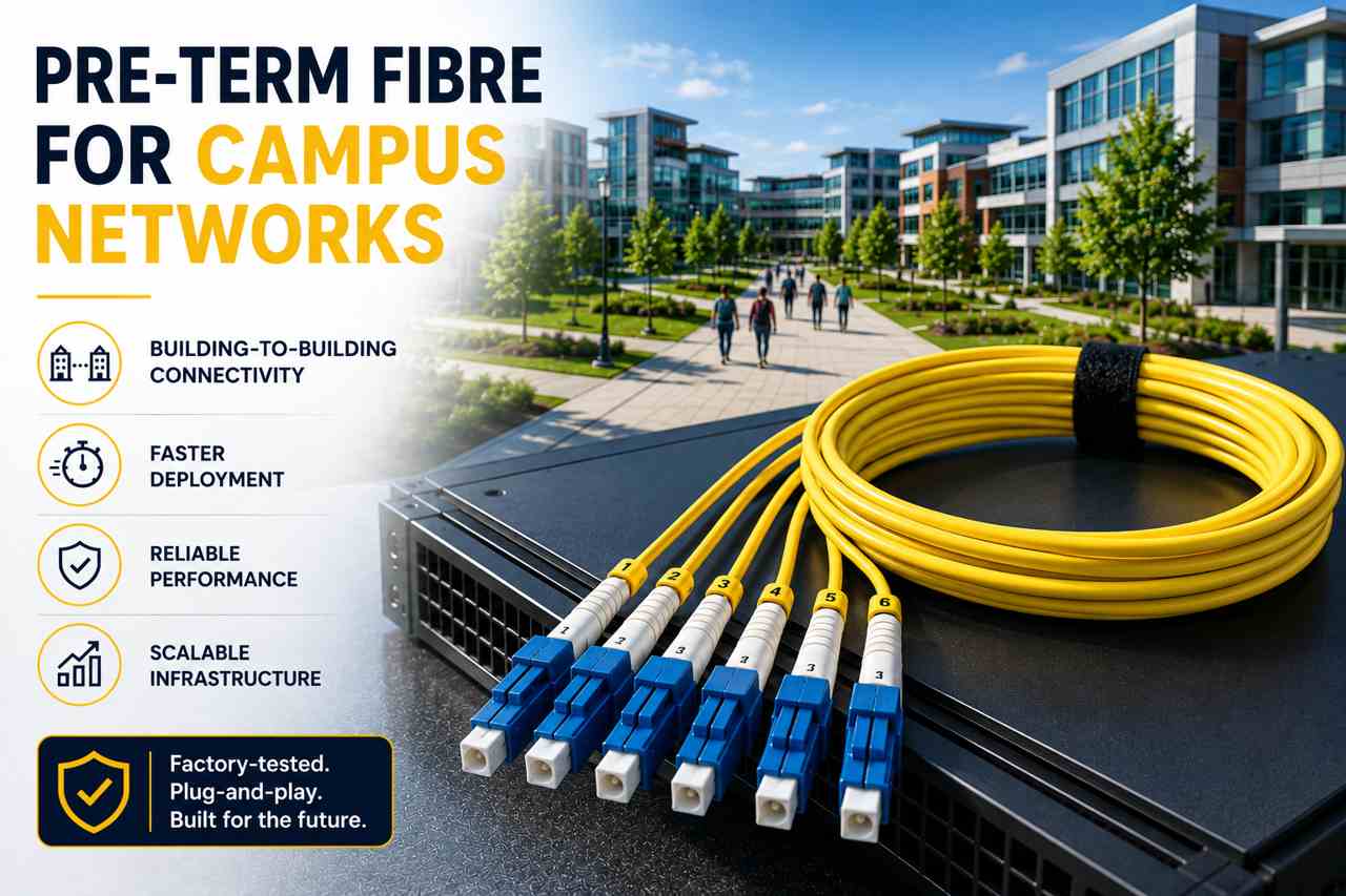 Pre-term fibre for campus networks using yellow OS2 singlemode pre-terminated fibre optic cable with six LC connectors for building-to-building connectivity