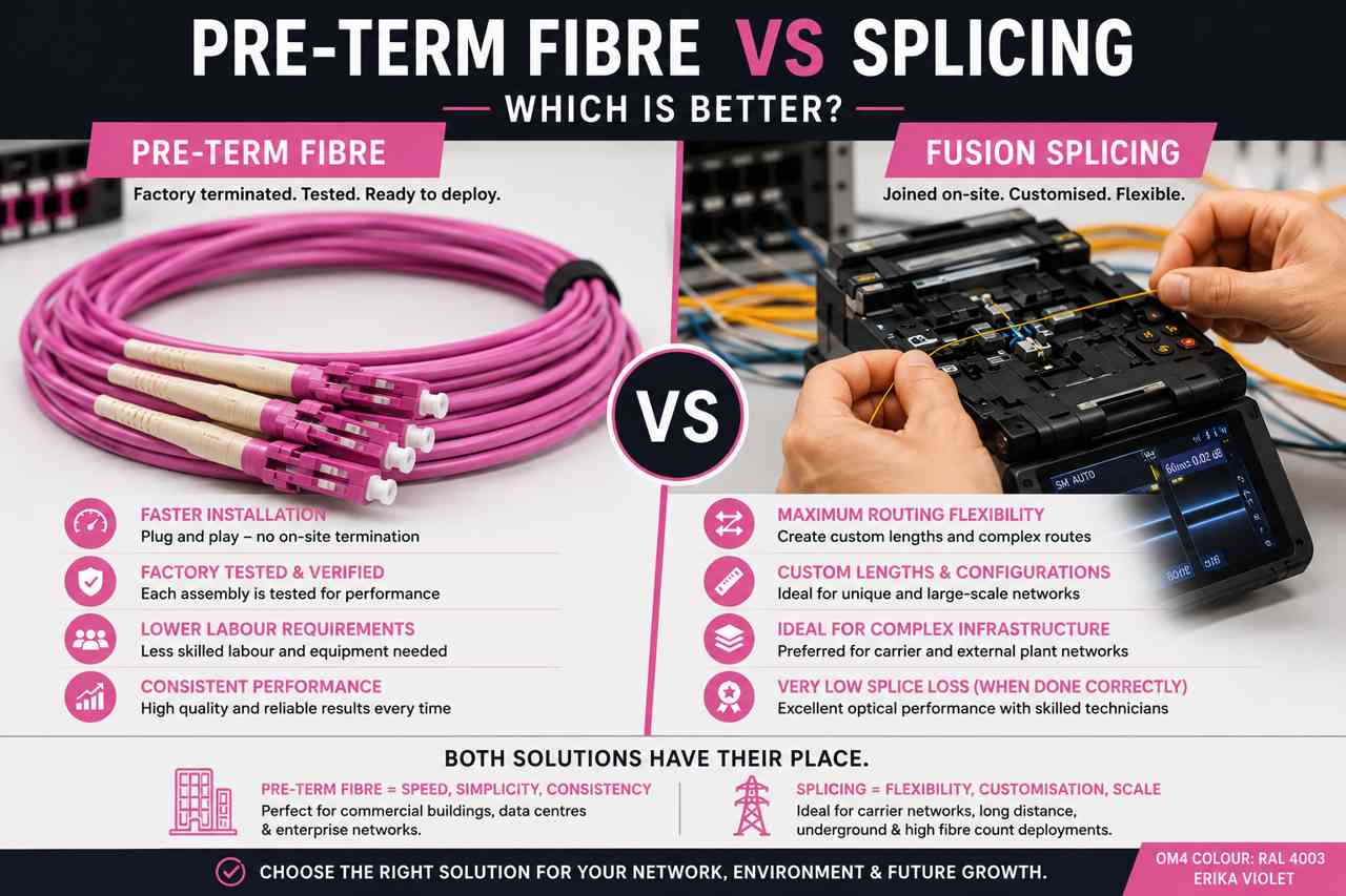 Pre-term fibre vs splicing comparison showing OM4 Erika Violet pre-terminated fibre optic cable and fusion splicing equipment