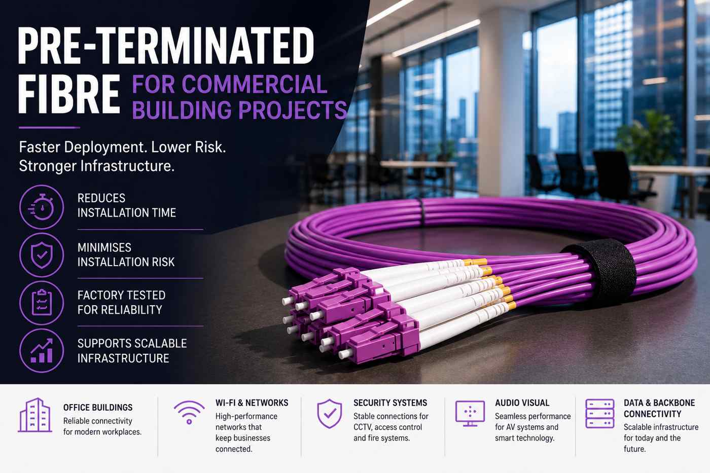 Pre-terminated fibre for commercial building projects with OM4 Erika Violet fibre optic cable and LC connectors