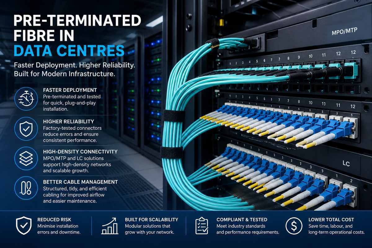 Pre-terminated fibre in data centres using MPO/MTP and LC connectors for high-density fibre optic cable infrastructure