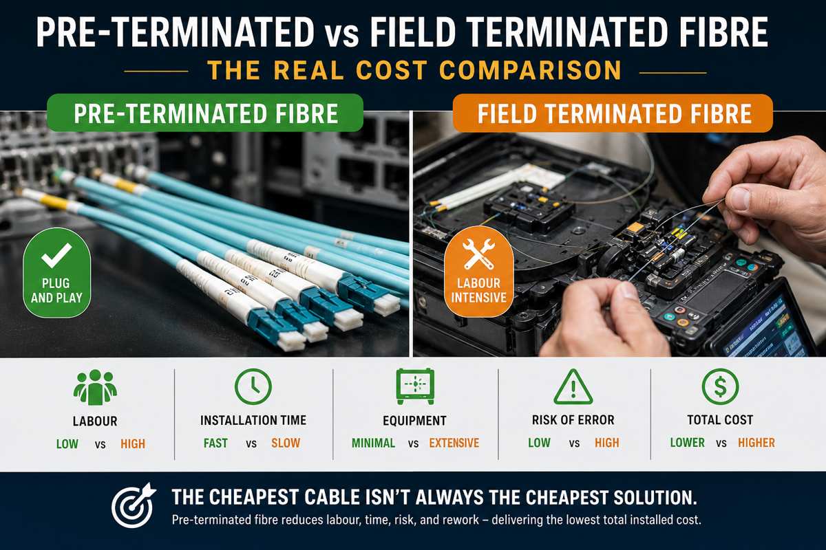 Pre-terminated vs field terminated fibre optic cable cost comparison showing differences in labour, installation time, equipment, risk and total cost