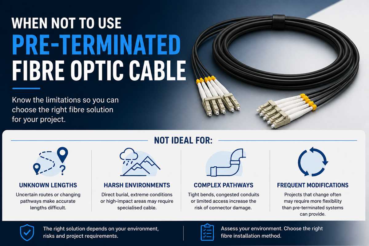 When not to use pre-terminated fibre optic cable infographic showing installation limitations, harsh environments, complex pathways, and unknown cable lengths