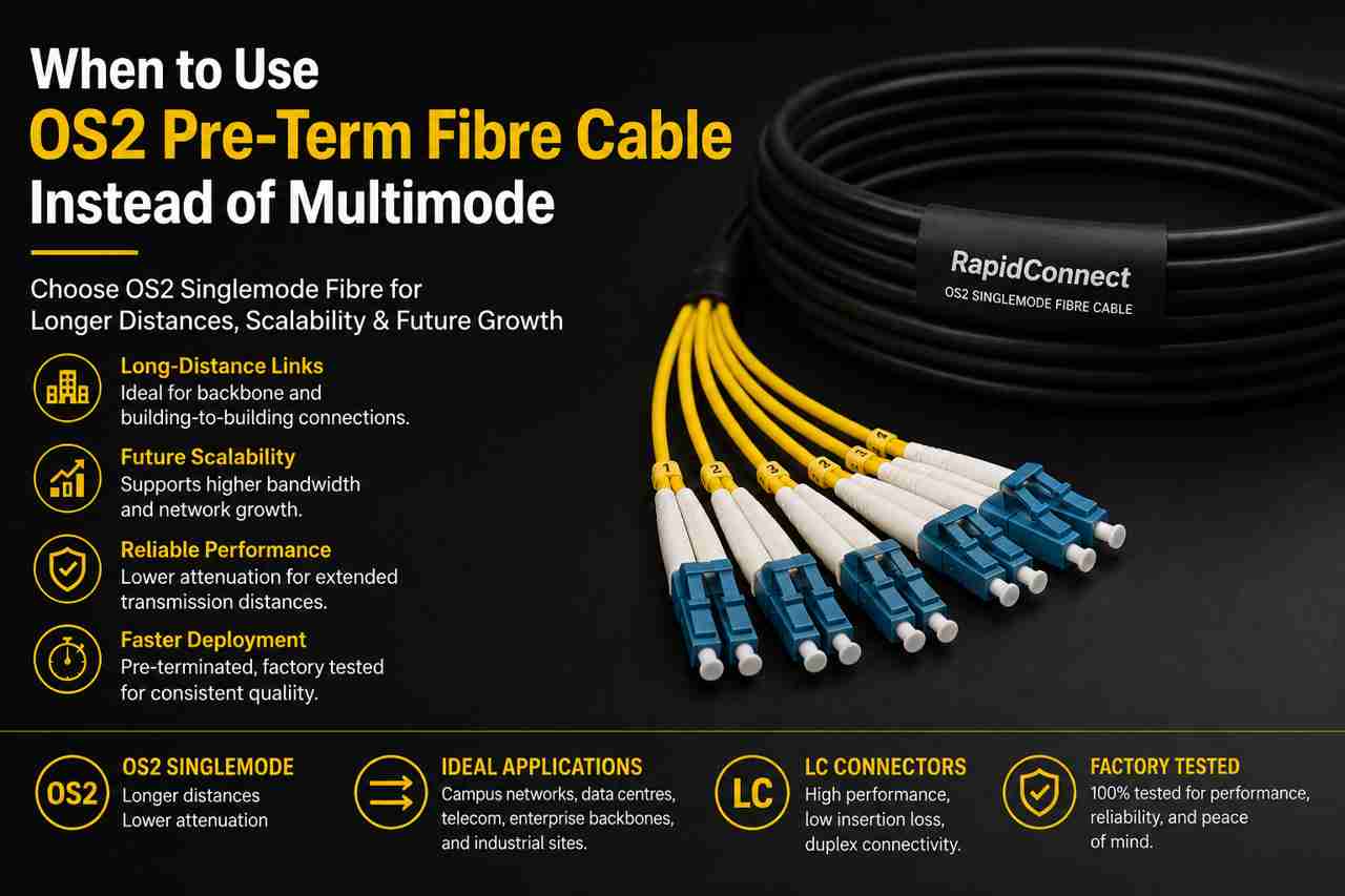 OS2 pre-term fibre cable with black RapidConnect cable jacket, yellow breakout legs, and blue LC connectors for long-distance backbone infrastructure