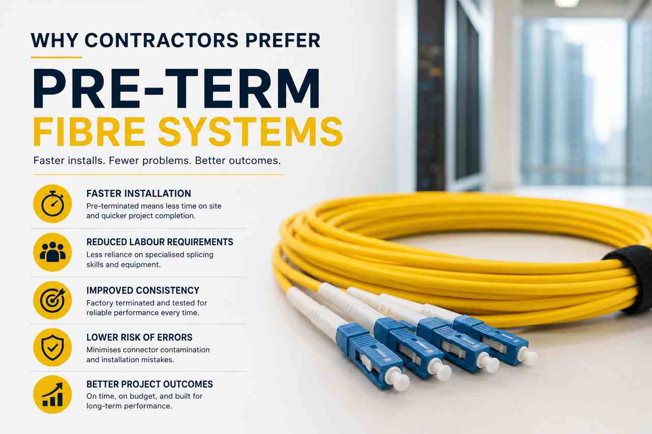 Why contractors prefer pre-term fibre systems with yellow OS2 singlemode pre-terminated fibre optic cable for faster and more reliable installation