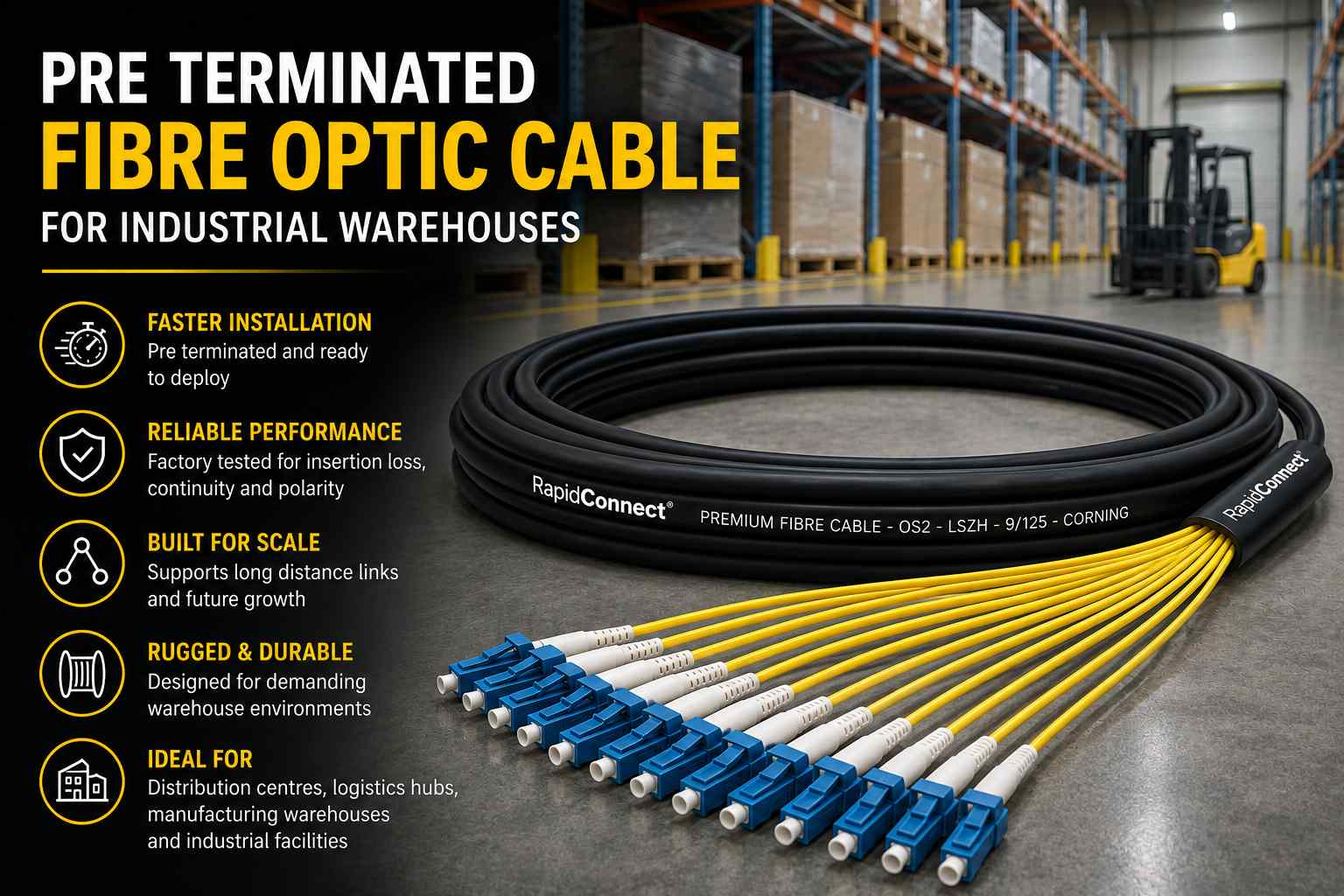 Pre terminated fibre optic cable for industrial warehouses featuring a black fibre optic cable with yellow breakout legs and LC duplex connectors deployed in a modern warehouse environment.