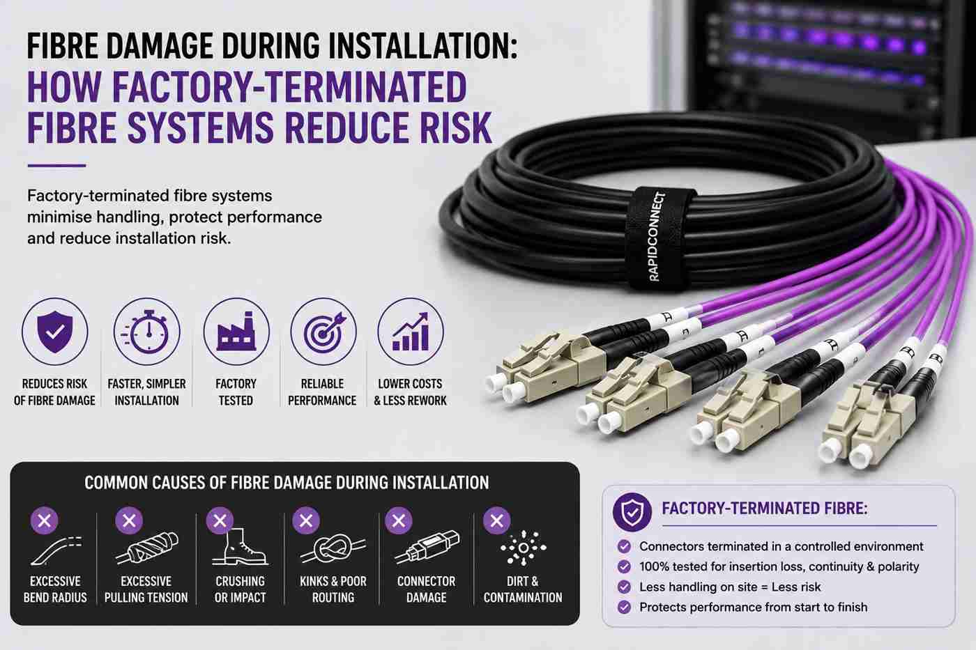 Factory-terminated fibre system with a black fibre optic cable, Erika Violet breakout legs, and LC duplex connectors illustrating how pre-terminated assemblies reduce installation damage risk.