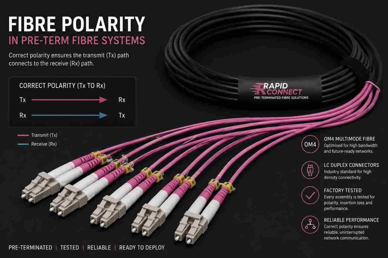 Fibre polarity in pre-term fibre systems illustrated using a black RapidConnect OM4 multimode fibre cable with Erika Violet breakout legs and LC duplex connectors.