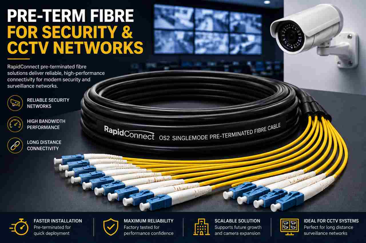 Pre-term fibre for security and CCTV networks featuring a black RapidConnect OS2 fibre optic cable with yellow breakout legs, blue LC connectors, and surveillance camera infrastructure.