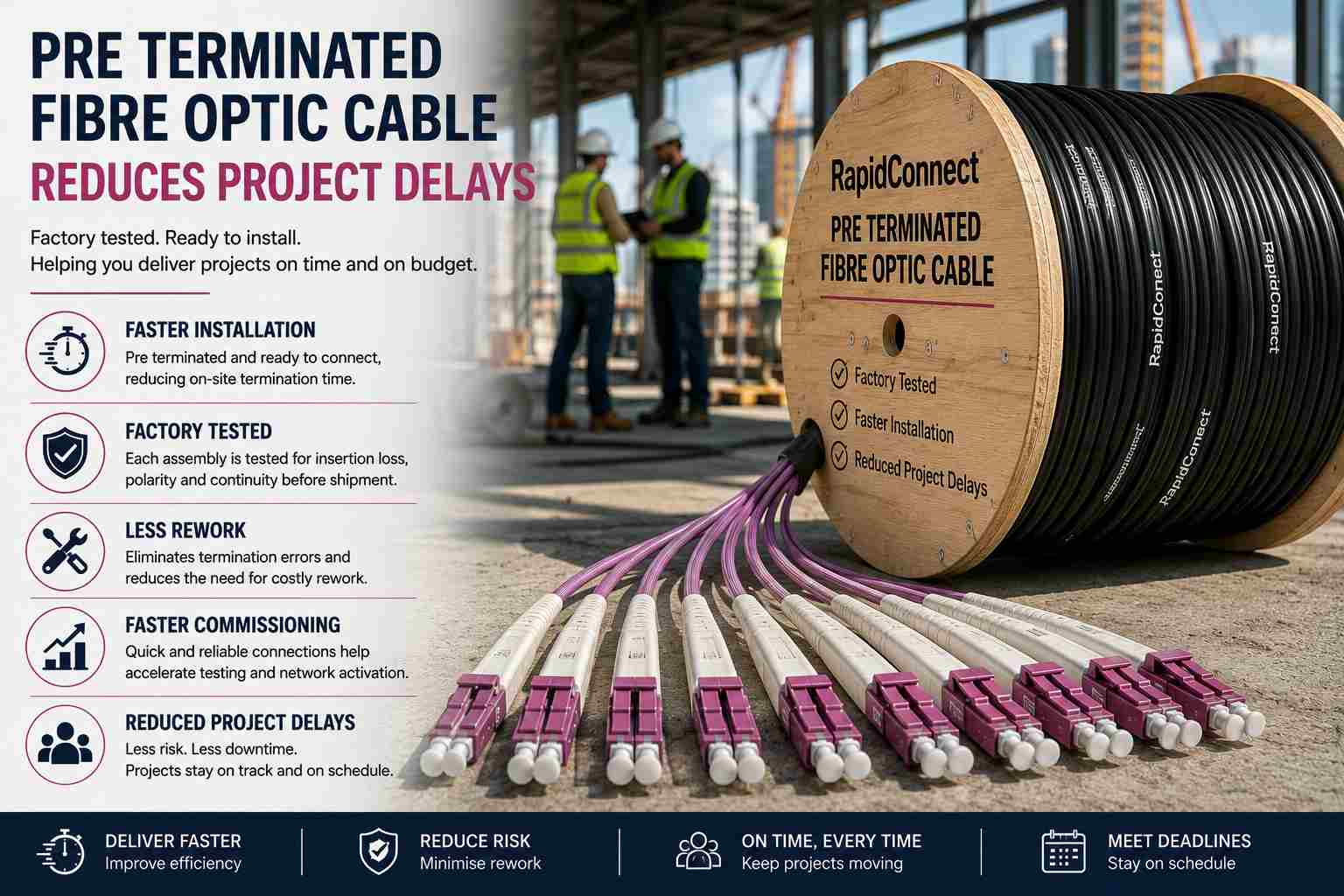 Pre terminated fibre optic cable reduces project delays infographic featuring a black RapidConnect fibre optic cable reel with OM4 breakout legs and LC duplex connectors on a commercial construction site, highlighting faster installation, factory testing, reduced rework, and faster commissioning.