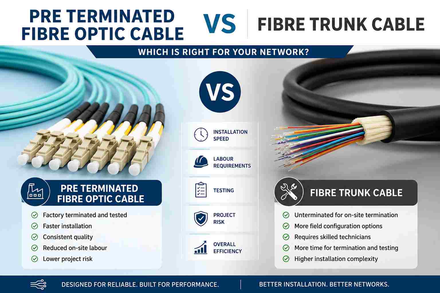 Comparison infographic showing pre terminated fibre optic cable vs fibre trunk cable. The image features a factory-terminated fibre assembly on one side and a traditional fibre trunk cable on the other, highlighting differences in installation speed, labour requirements, testing, project risk, and deployment efficiency.