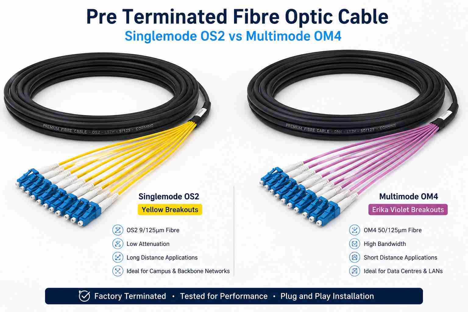 Comparison of singlemode and multimode pre terminated fibre optic cable featuring two black cable assemblies with LC duplex connectors, including OS2 yellow breakout legs and OM4 Erika Violet breakout legs.