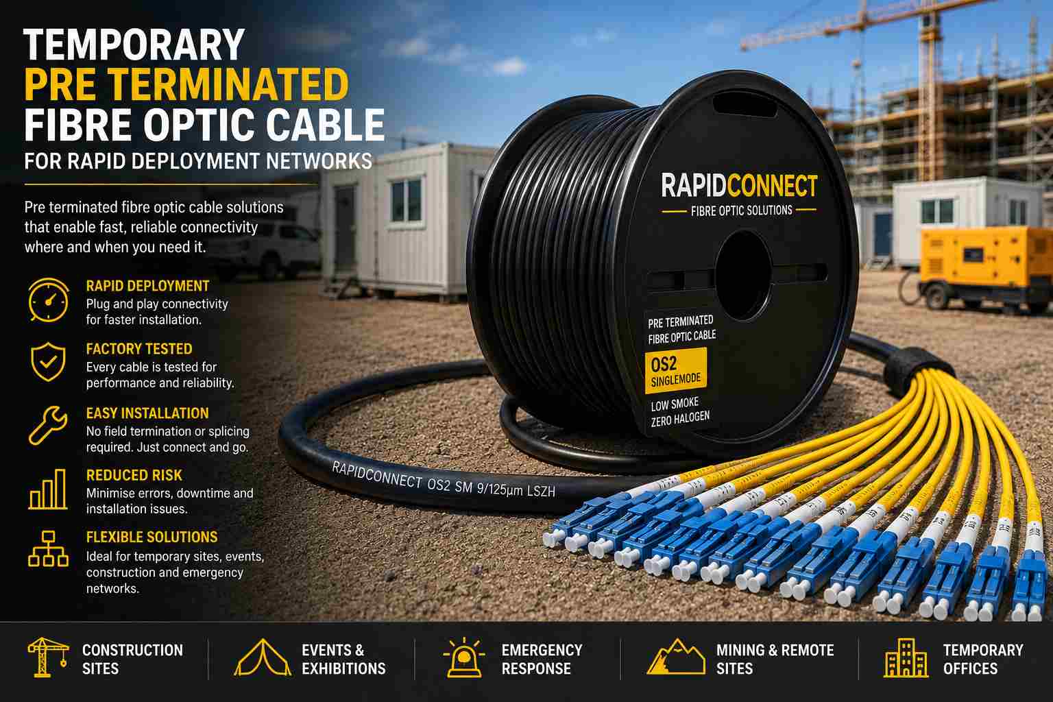 Temporary pre terminated fibre optic cable for rapid deployment networks featuring a black RapidConnect OS2 fibre optic cable with yellow breakout legs and blue LC duplex connectors, designed for fast installation across construction sites, events, emergency response operations, and temporary facilities.