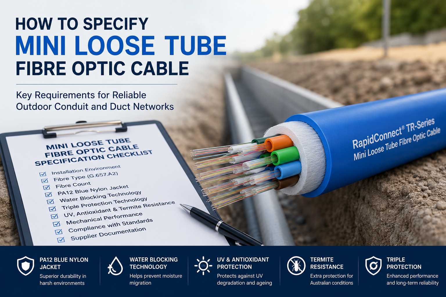 Mini Loose Tube Fibre Optic Cable Specification showing a specification checklist and RapidConnect® TR-Series Mini Loose Tube Fibre Optic Cable with a PA12 Blue Nylon jacket for outdoor conduit and duct networks.