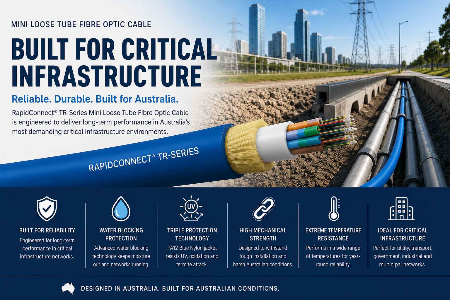Mini Loose Tube Fibre Optic Cable for Critical Infrastructure installed in Australian outdoor conduit systems supporting utility, transport and telecommunications networks.