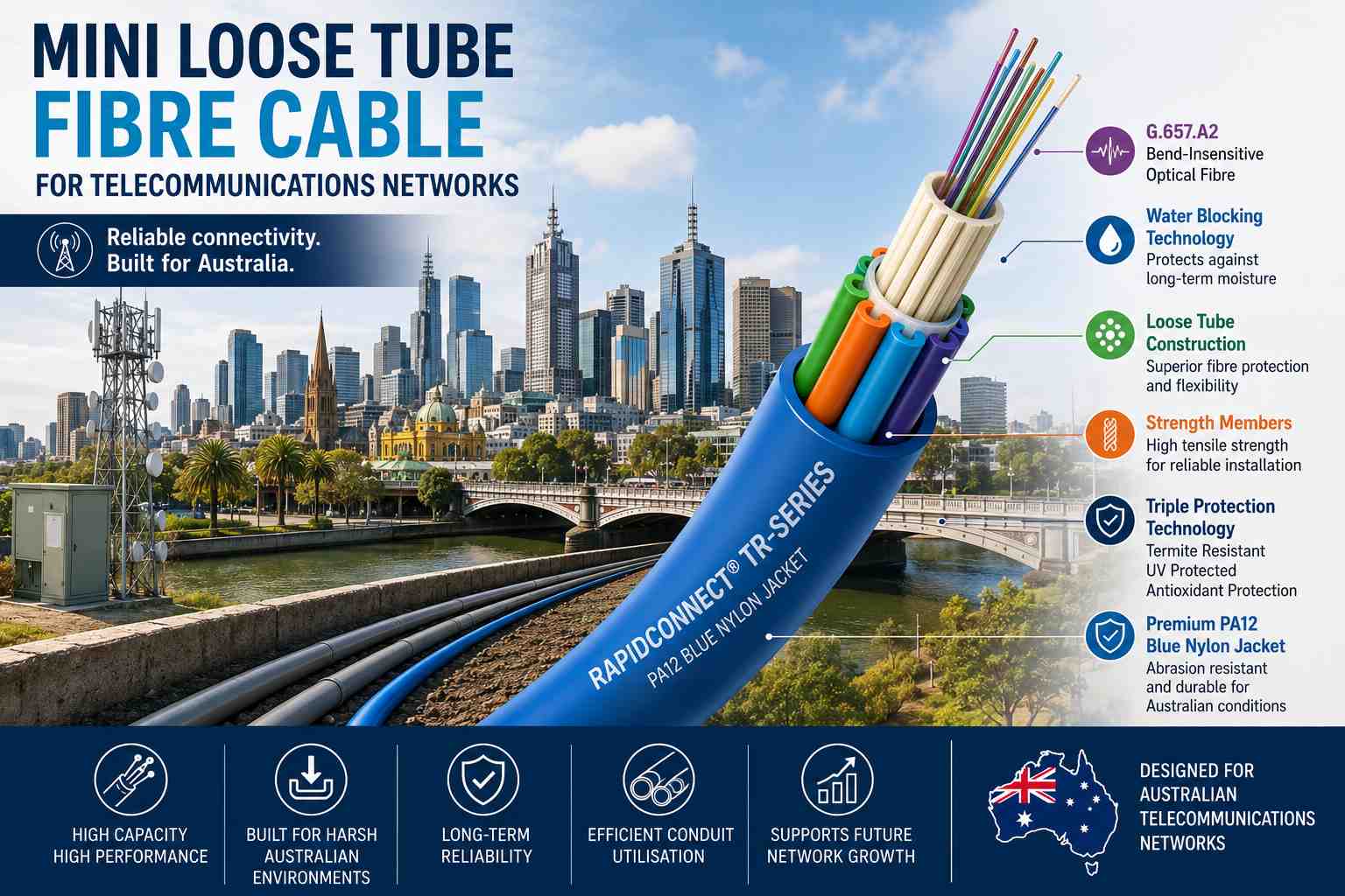 Mini Loose Tube Fibre Cable for Telecommunications Networks installed in underground conduit connecting telecommunications exchanges, mobile towers and broadband infrastructure.