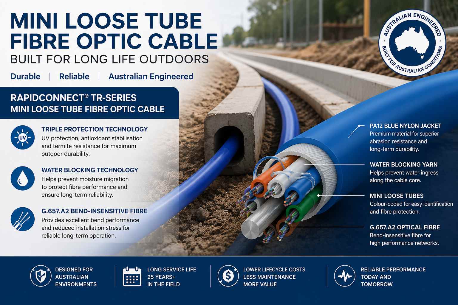 Mini Loose Tube Fibre Optic Cable Lifespan illustrated by RapidConnect® TR-Series cable installed in an Australian outdoor conduit system.