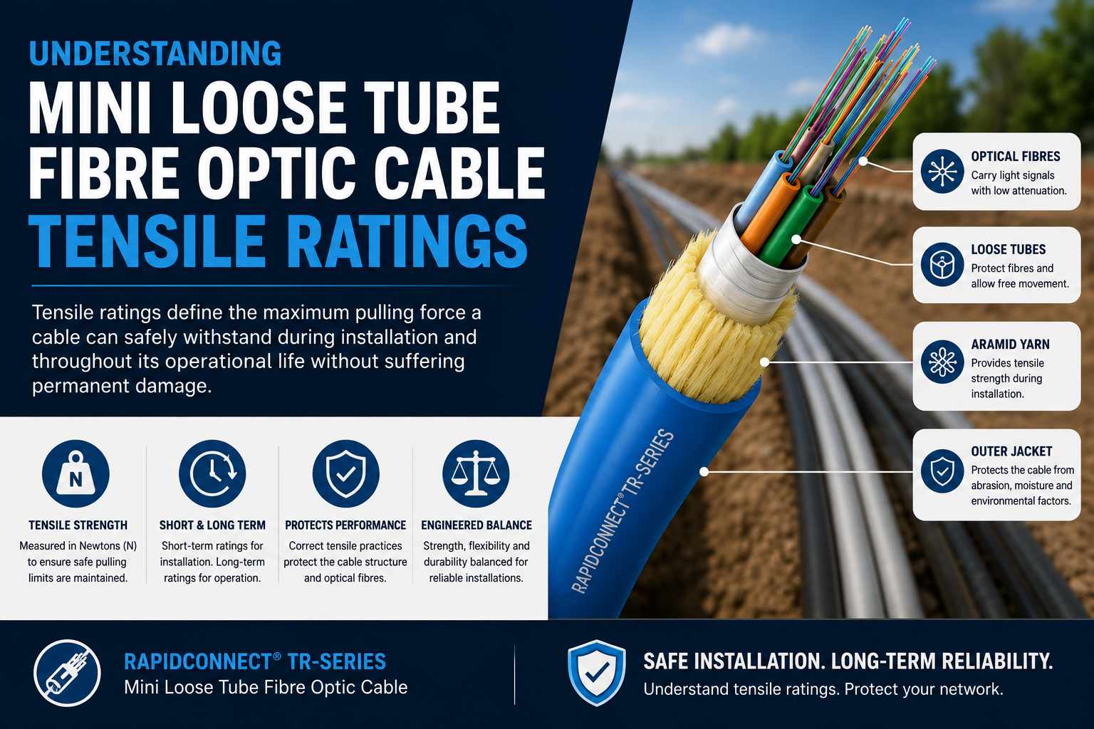 Mini Loose Tube Fibre Optic Cable Tensile Ratings infographic showing cable construction, aramid yarn, optical fibres and the importance of safe pulling forces during installation.