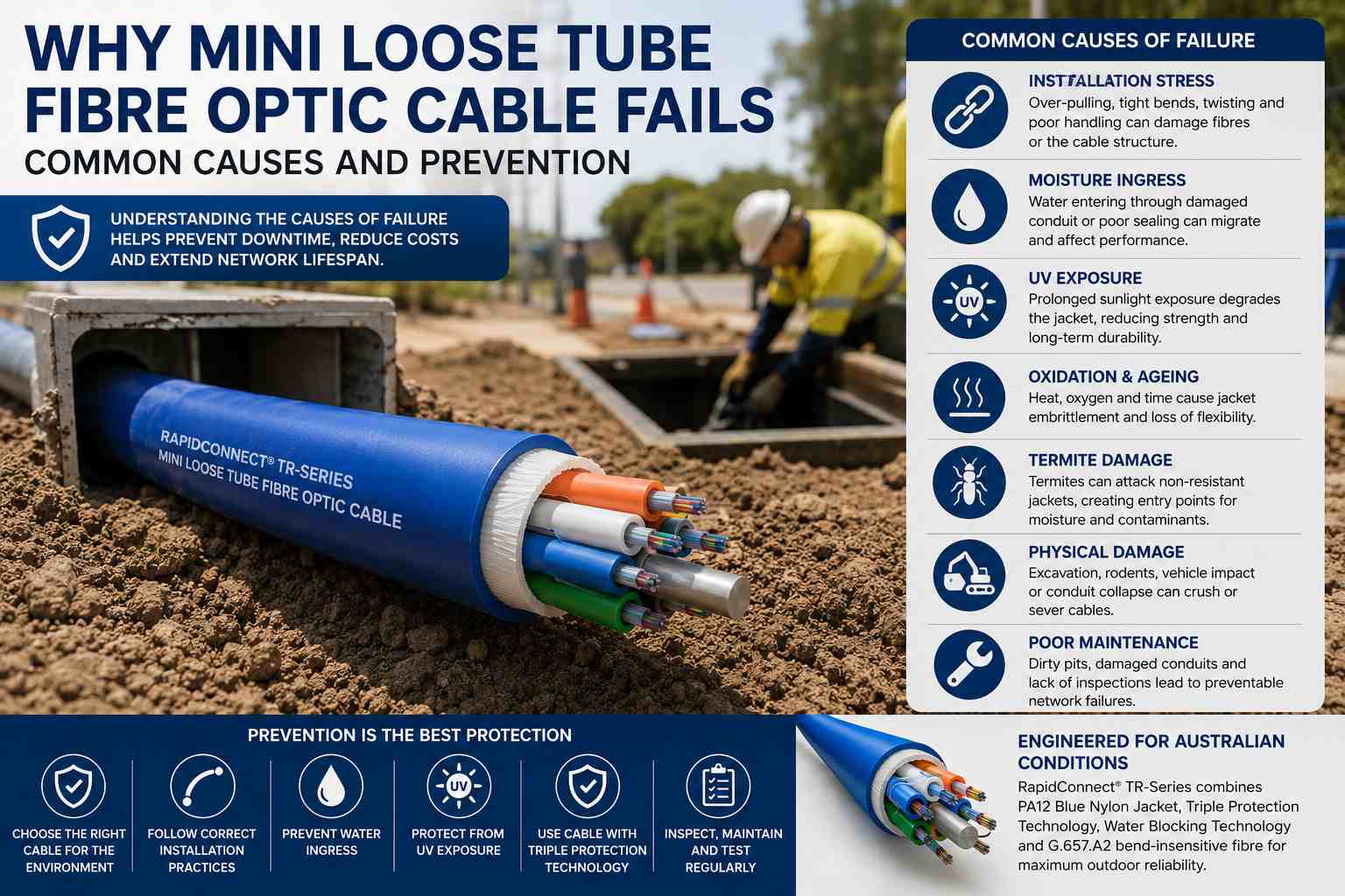 Why Mini Loose Tube Fibre Optic Cable Fails showing a RapidConnect® TR-Series cable with a blue PA12 Blue Nylon jacket installed in an Australian outdoor conduit system.