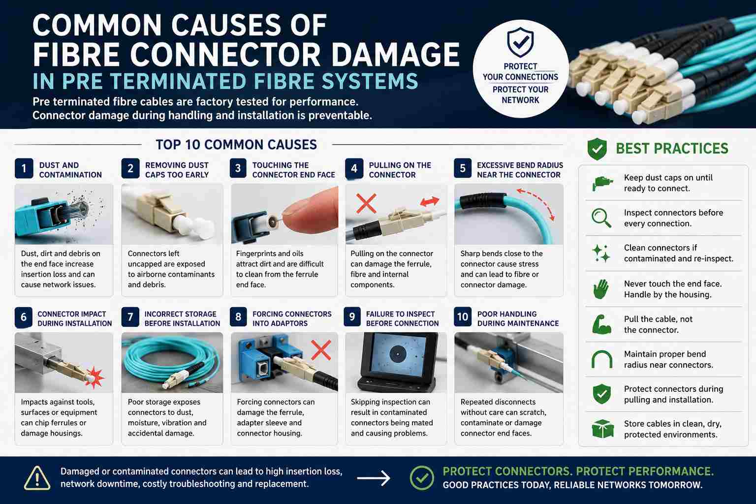 Infographic showing the common causes of fibre connector damage in pre terminated fibre systems, including contamination, poor handling, excessive bend radius, connector impact, incorrect storage, and best practices for protecting fibre optic connectors during installation.