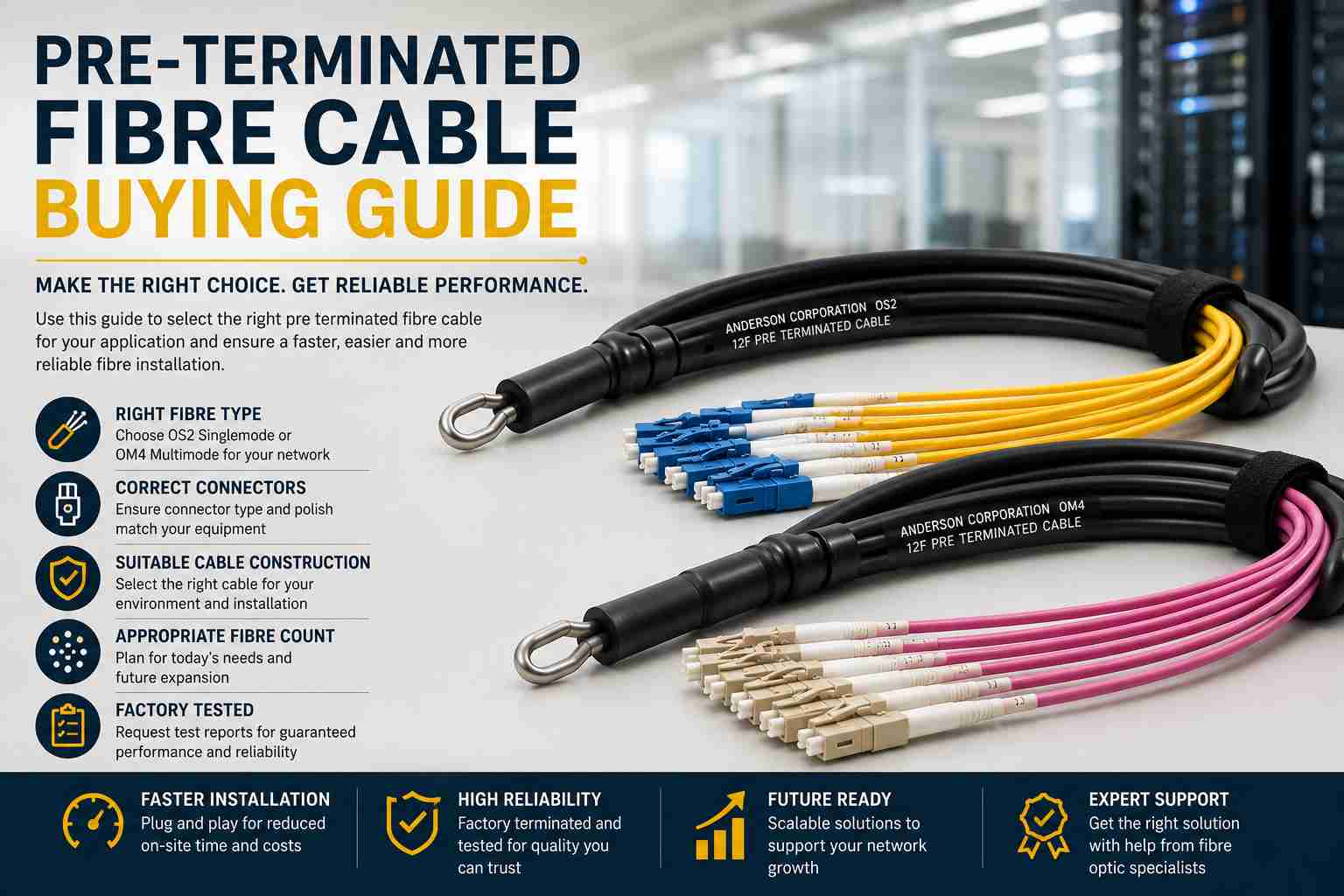 Pre terminated fibre cable buying guide infographic featuring two pre terminated fibre optic cables with black jackets. One cable has yellow breakout legs with blue LC duplex connectors, while the other has Erika Violet breakout legs with beige LC duplex connectors. The infographic highlights fibre selection, connector options, cable construction, factory testing, and choosing the right pre terminated fibre cable for reliable network installations.