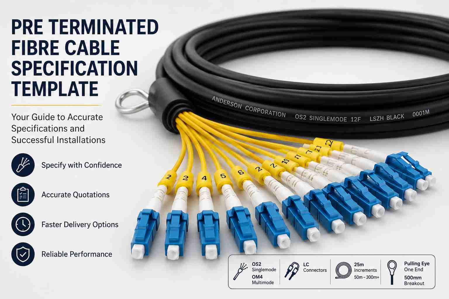 Pre terminated fibre cable specification template infographic featuring a black fibre optic cable with yellow breakout legs, blue LC connectors, and a factory-fitted pulling eye. The image highlights key specification requirements including accurate quotations, faster delivery options, reliable performance, OS2 and OM4 fibre options, 25 metre stock increments, and a 500 mm breakout length.