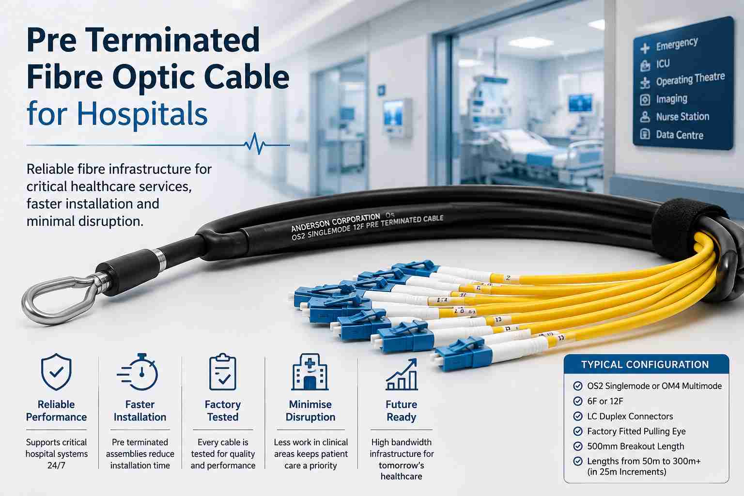 Pre terminated fibre optic cable for hospitals featuring a black fibre optic cable with yellow breakout legs, blue LC duplex connectors, and a factory-fitted pulling eye. The infographic highlights reliable hospital network infrastructure, faster installation, factory-tested performance, minimal disruption to healthcare services, and future-ready fibre connectivity.