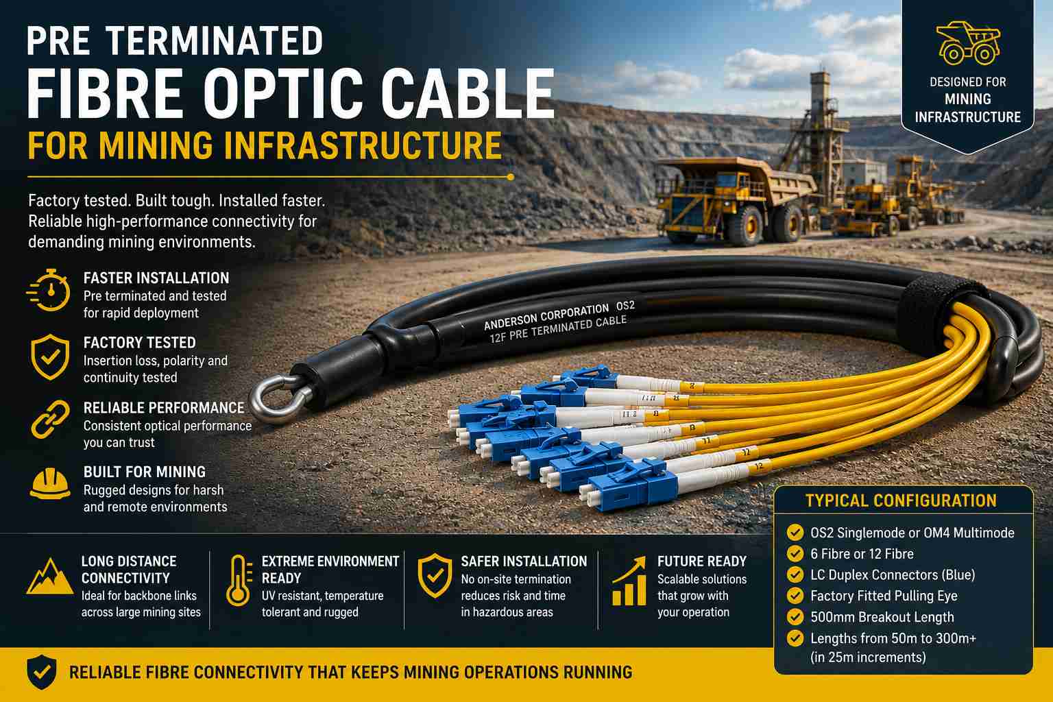 Pre terminated fibre optic cable for mining featuring a black fibre optic cable with yellow breakout legs, blue LC duplex connectors, and a factory-fitted pulling eye. The infographic highlights rugged mining infrastructure, factory-tested performance, faster installation, reliable long-distance connectivity, and durable fibre solutions for harsh mining environments.