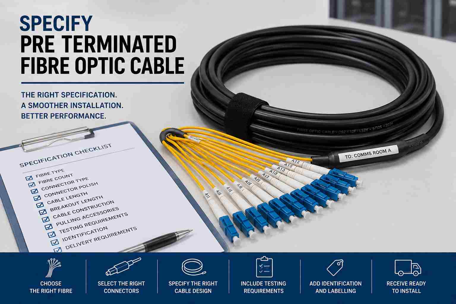 Infographic showing how to specify pre terminated fibre optic cable for a project. The image features a black fibre optic cable with yellow breakout legs and blue LC connectors alongside a specification checklist highlighting fibre type, connector type, cable length, breakout length, testing requirements, and cable identification.