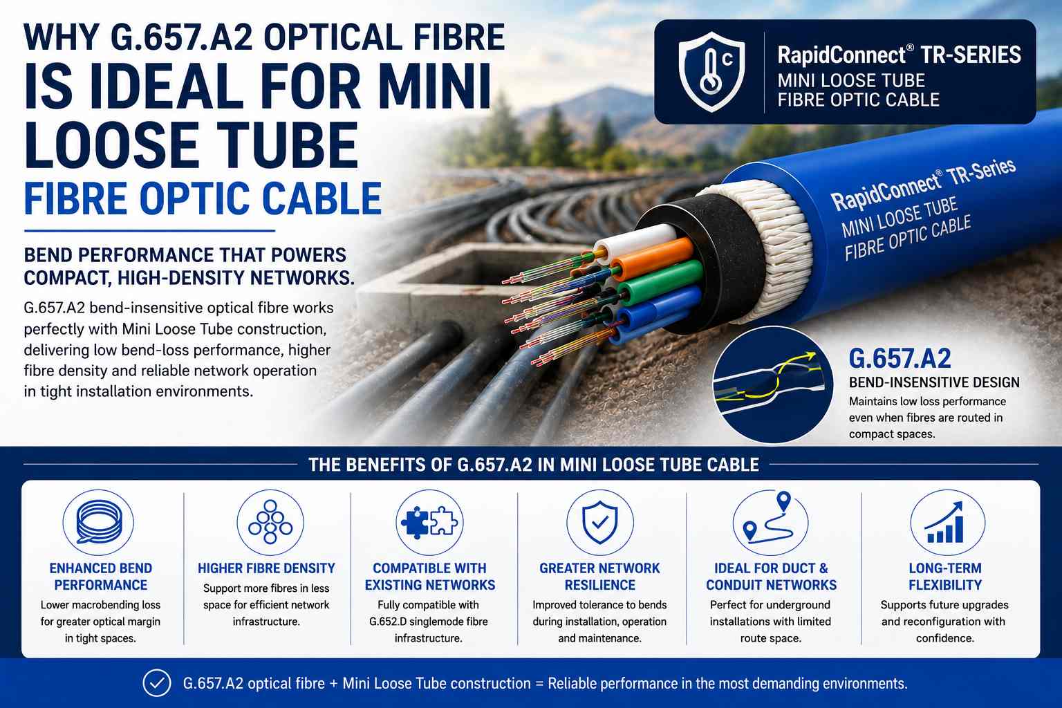 G.657.A2 Mini Loose Tube Fibre showing RapidConnect® TR-Series bend-insensitive optical fibre for compact outdoor duct and conduit networks.