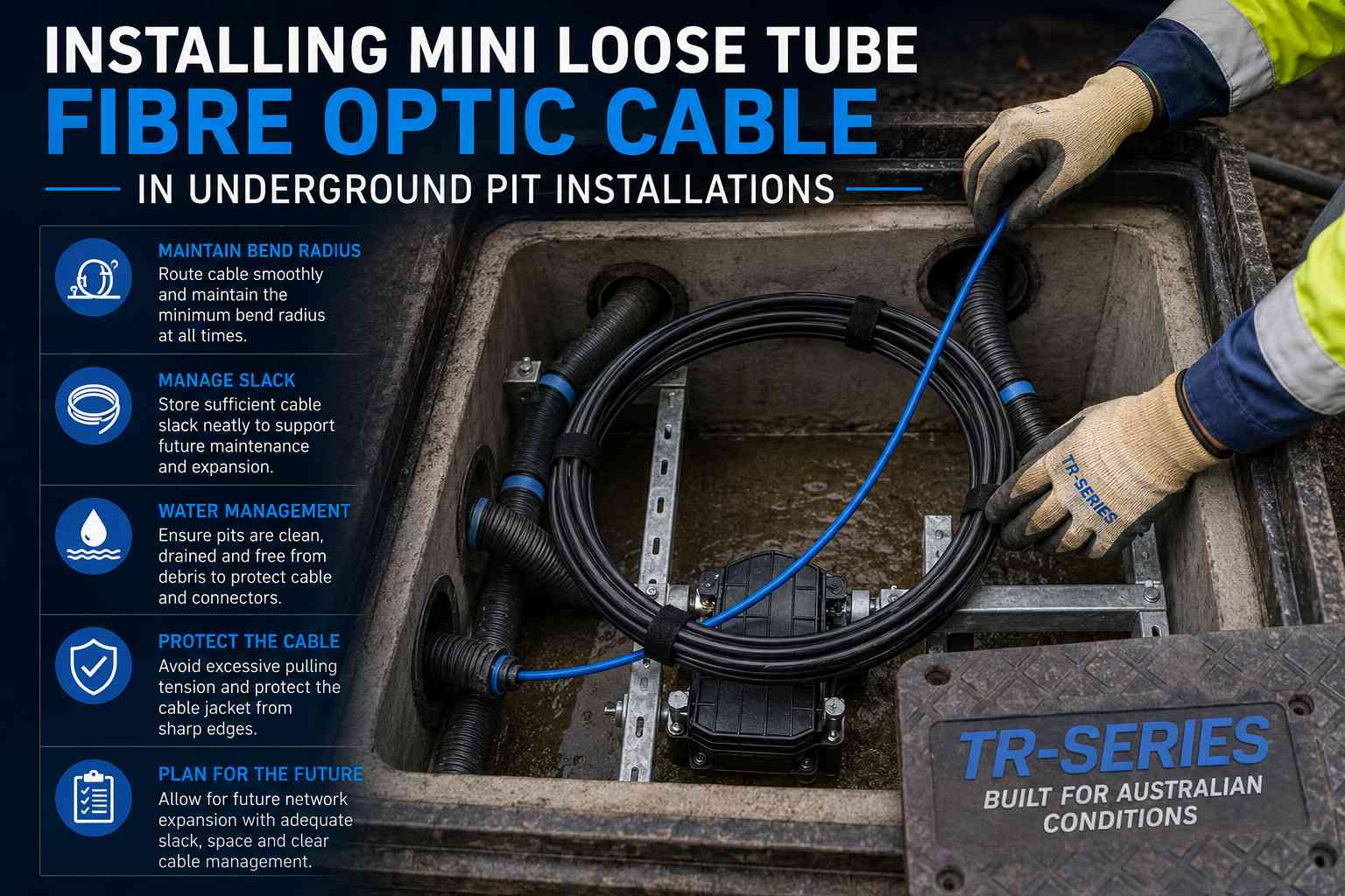 Installing Mini Loose Tube Fibre Cable in Underground Pits showing correct cable routing, slack management and underground pit installation best practices.