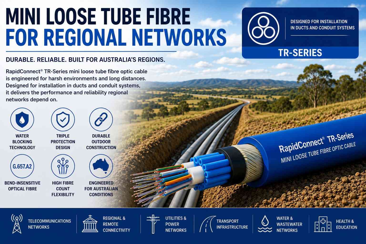 Mini Loose Tube Fibre for Regional Networks showing RapidConnect® TR-Series cable engineered for reliable outdoor telecommunications infrastructure across regional Australia.