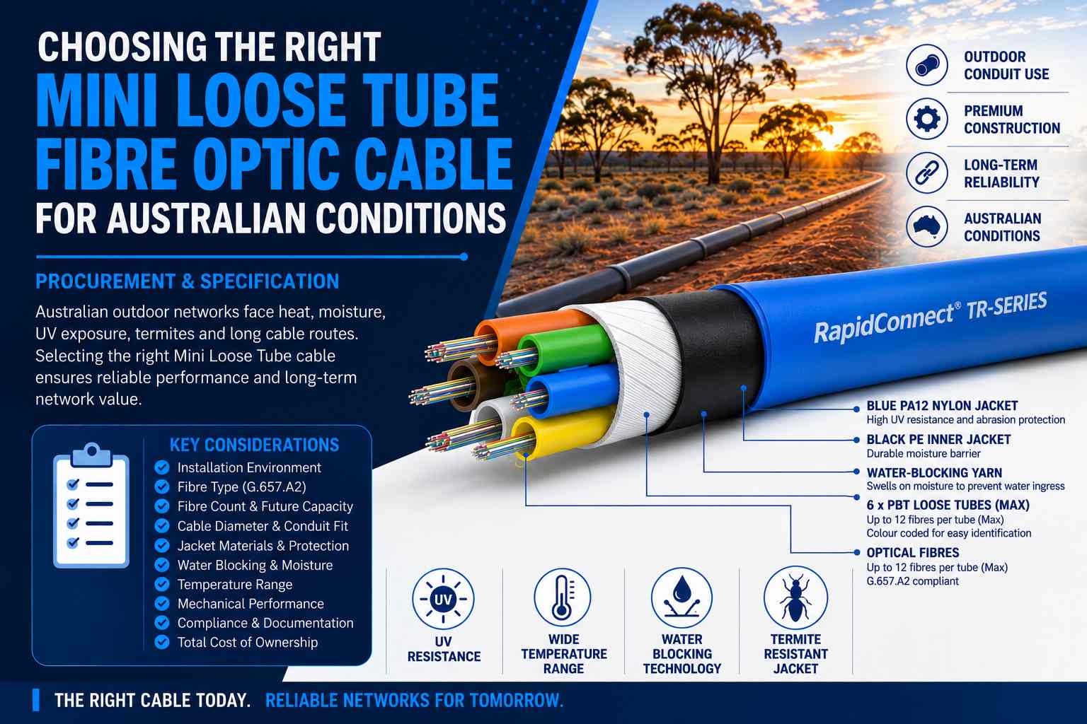 Mini Loose Tube Fibre Optic Cable for Australian Conditions showing RapidConnect TR-Series cable construction and key specification considerations.