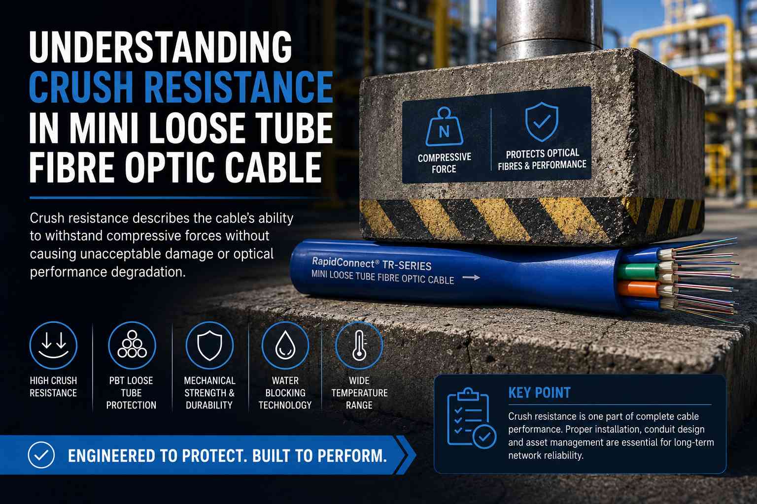 Crush Resistance in Mini Loose Tube Fibre Optic Cable showing RapidConnect TR-Series cable under compressive force.